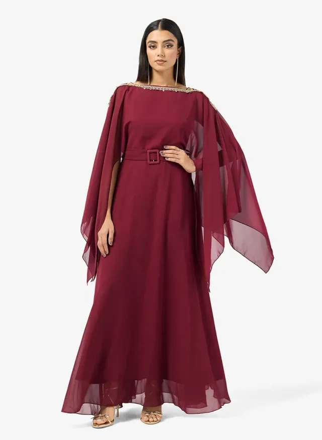 Burgundy Maxi Dress with Cape Sleeves and Dainty Embellishments – image 4