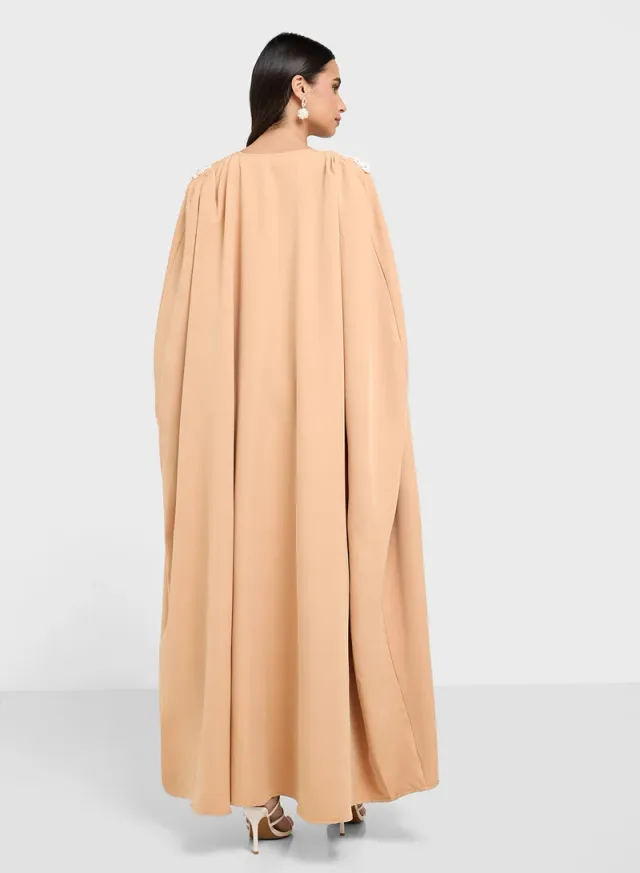 Light Beige Maxi Abaya Dress with White Floral Embroidery – image 2