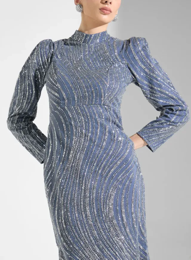 Denim Blue Sequin Embellished Bodycon Midi Dress – image 3