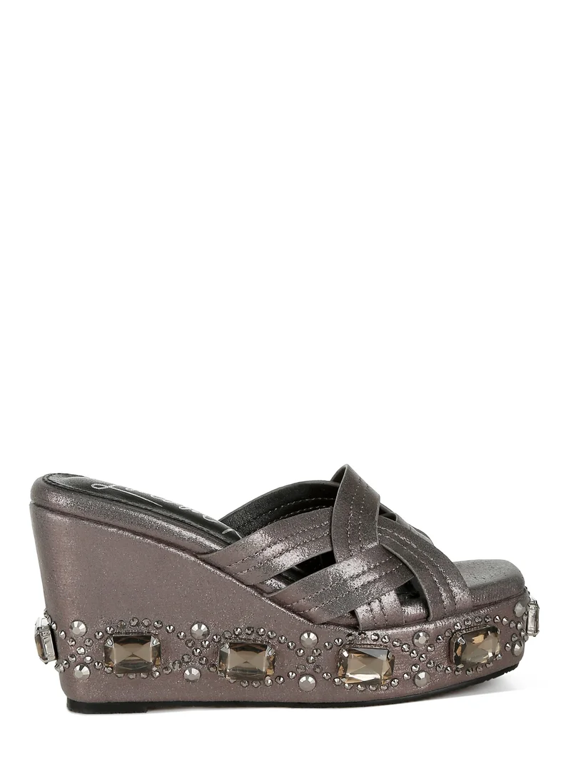 Chunky Rhinestone Cut-Out Sandals Pewter