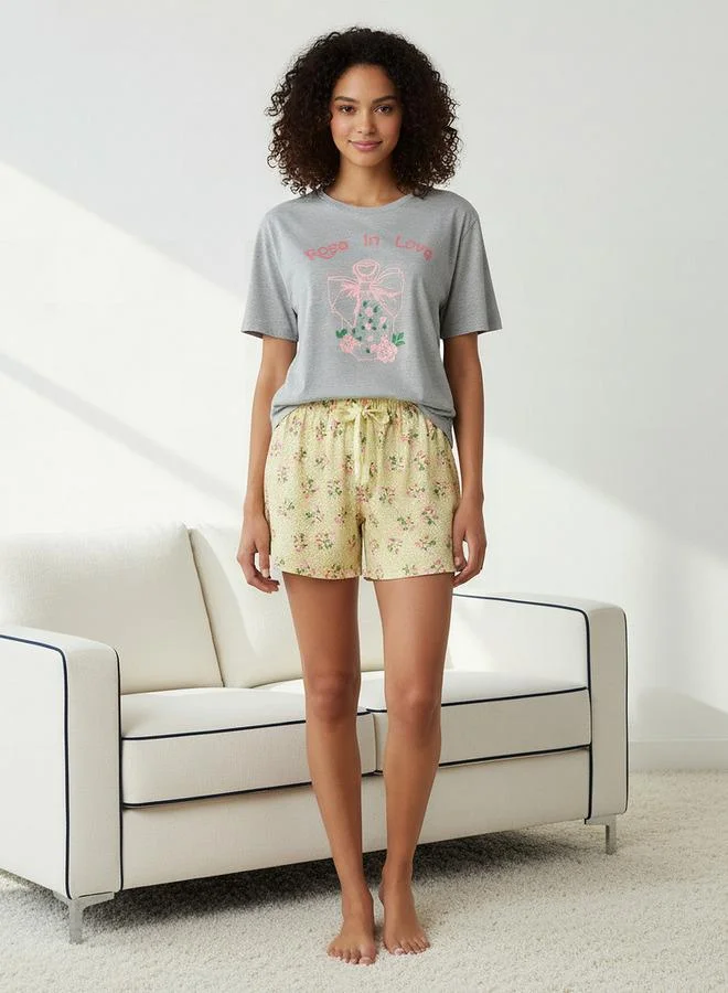Floral Print Pajama T-shirt & Shorts Yellow