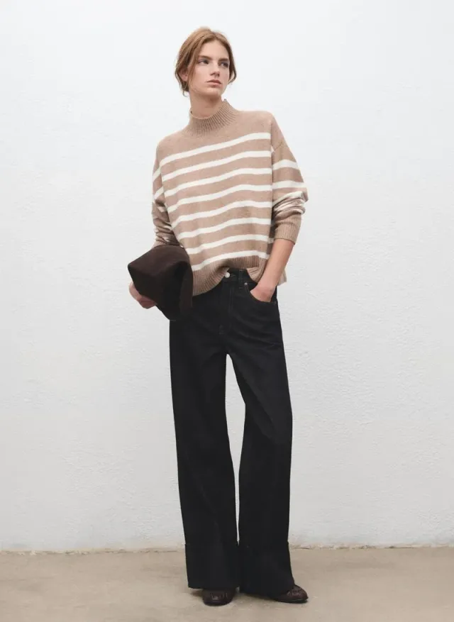 Oversized Striped Turtleneck Sweater - Tan – image 5