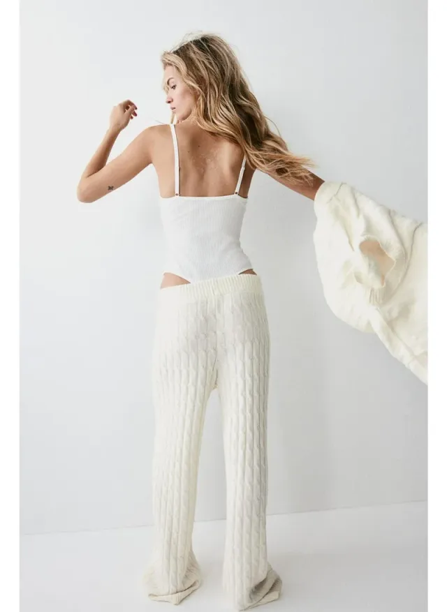 Ivory White Cable Knit Straight Fit Trousers for Women – image 2