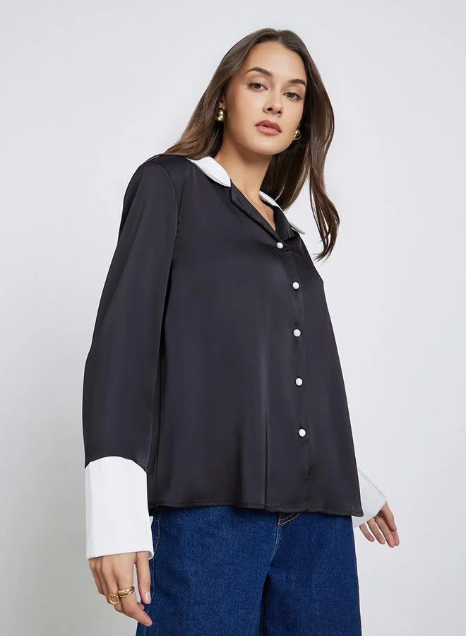 Contrast Collar Long Sleeve Shirt Black