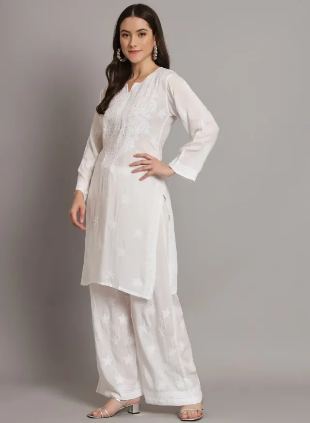 Women's White Modal Chikankari Embroidered Kurta Set – image 4