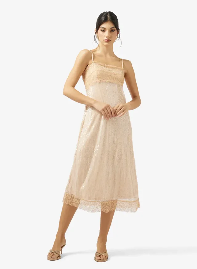 Champagne Sequin Embellished Midi Slip Dress