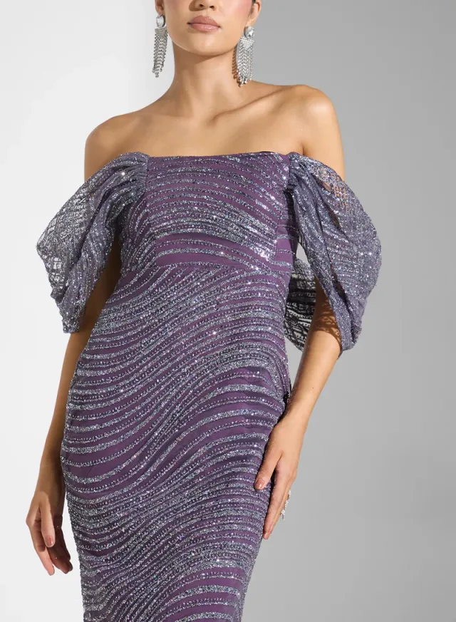 Navy Blue Off-Shoulder Shimmer Midi Dress – image 3