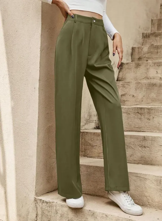 Dark Green High-Rise Straight Leg Trousers for Women – image 4