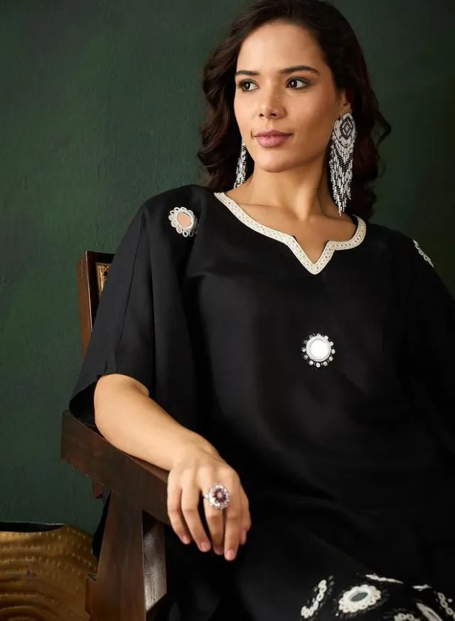Black Viscose Silk Embellished Tunic Top & Palazzo Set – image 5