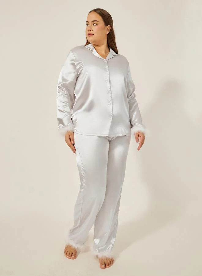 Plus Size Satin Feather Trim Pajama Set