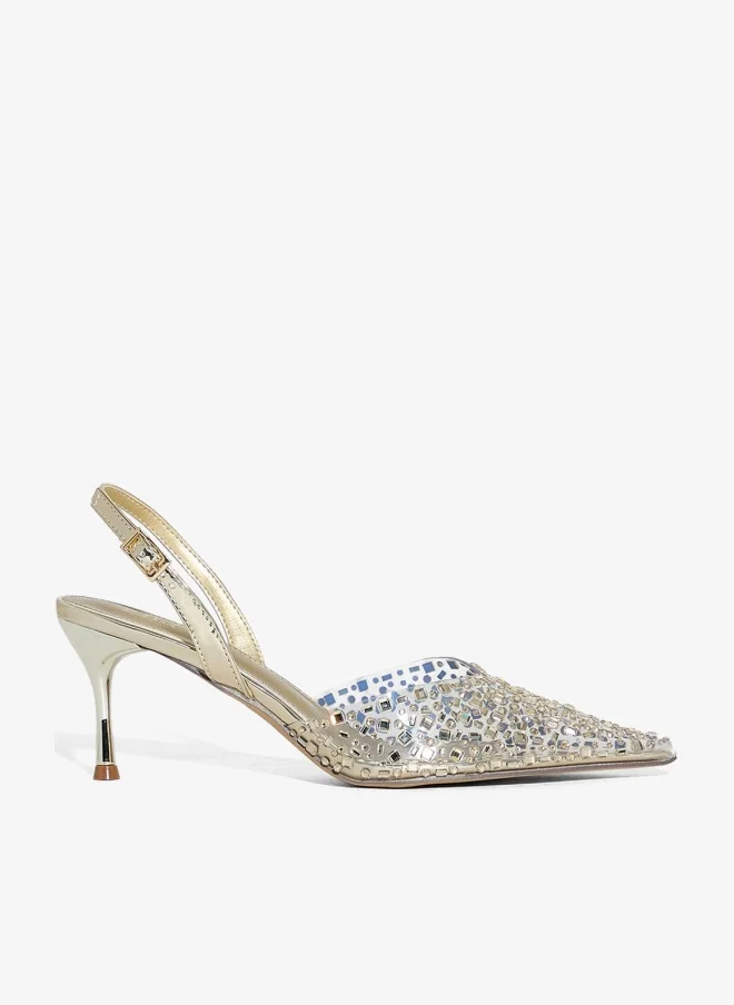 Diamante Clear Pointed Slingback Pump Pale Khaki