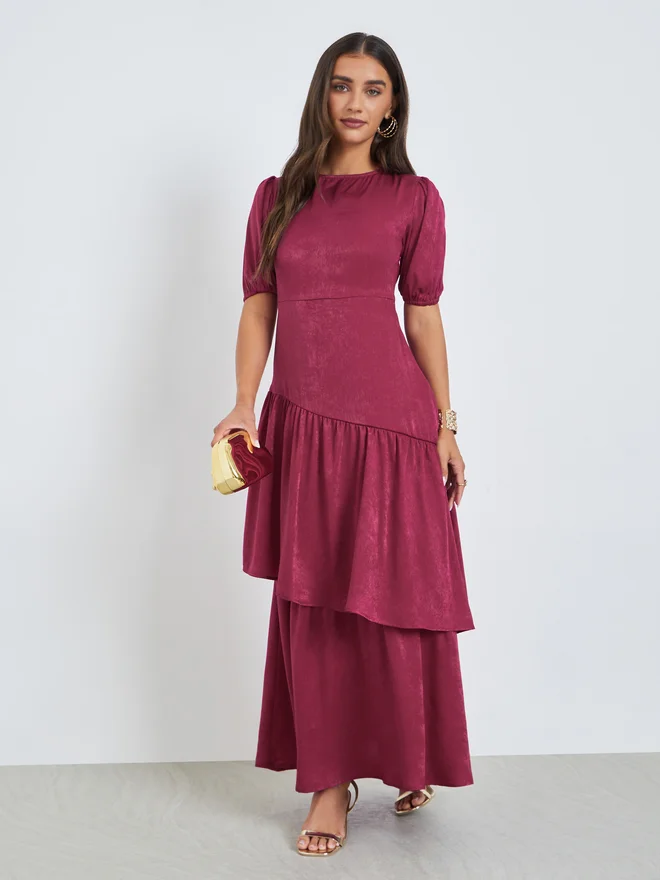 Styli Velvet Satin Layered Maxi Dress Burgundy