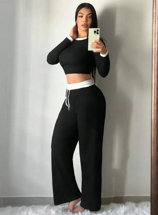 Women's Contrast Neck Top & Drawstring Pants Set – image 4