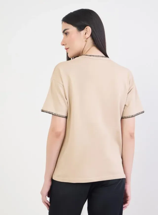 Overlock Stitch Cotton T-Shirt Cream – image 5