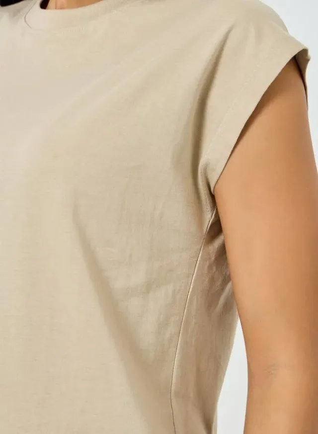 Cap Sleeve Cotton T-Shirt Beige – image 4