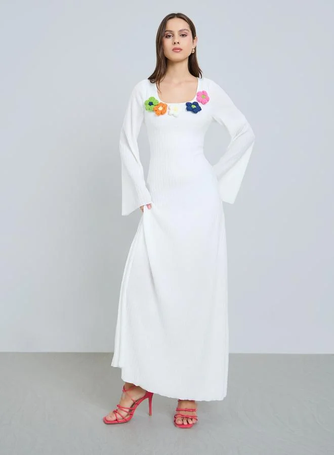 Textured Flower Corsage Maxi Dress White