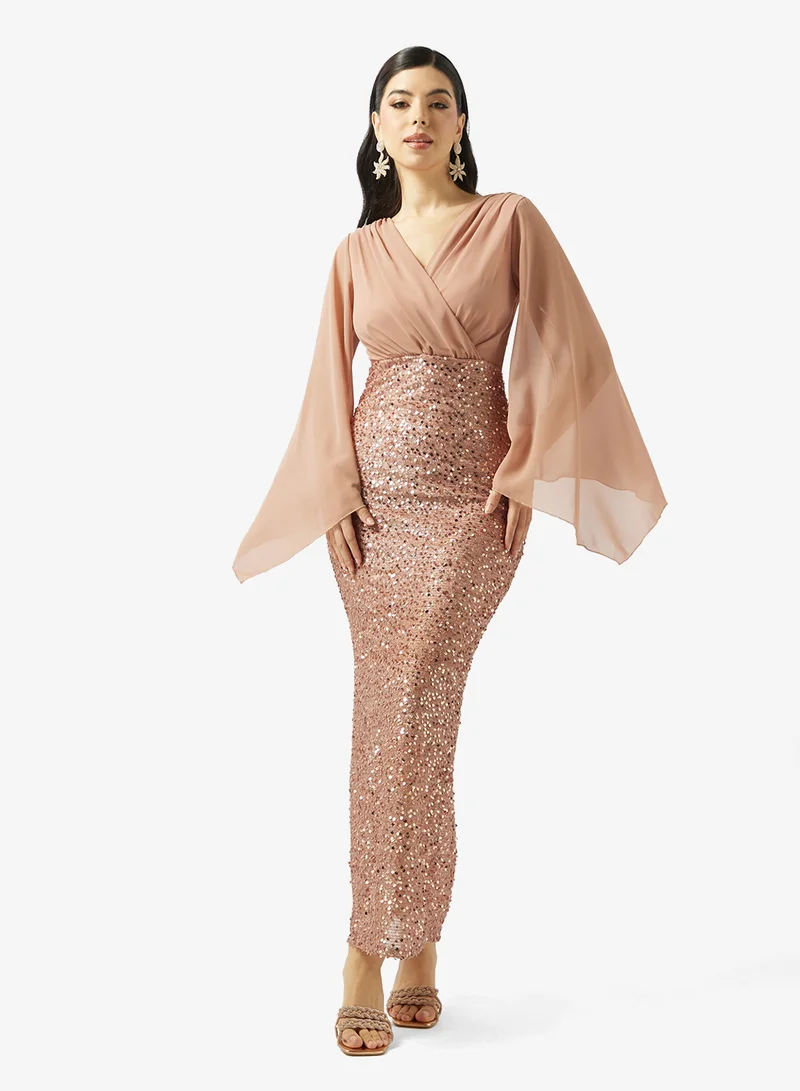 Shimmer Flutter Sleeve Dress Pastel Pink