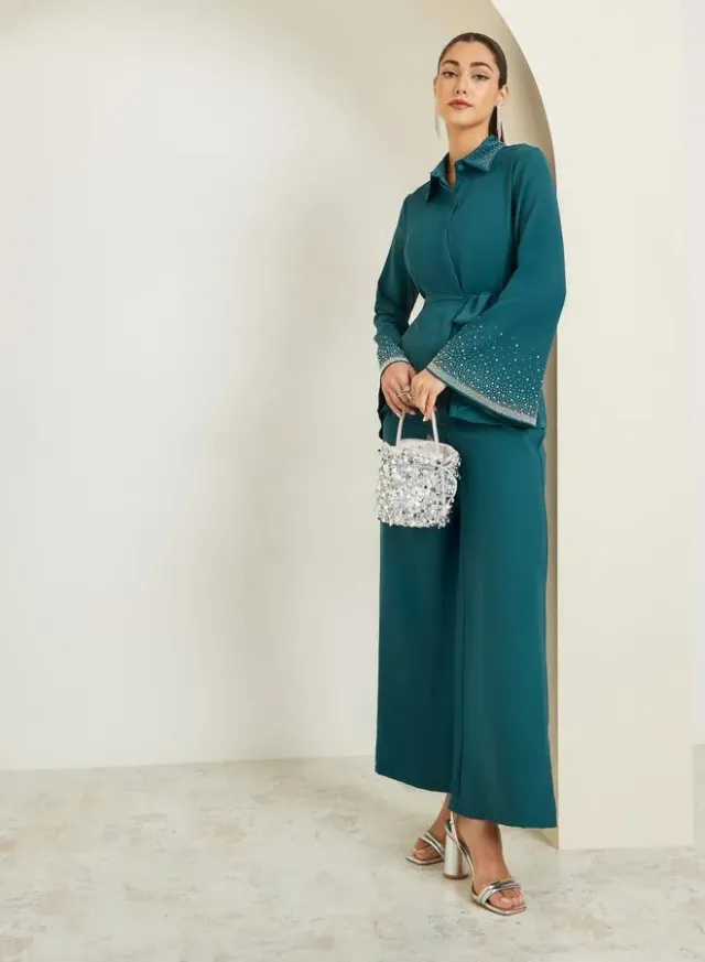 Embellished Shirt & Trousers Set Teal – image 6