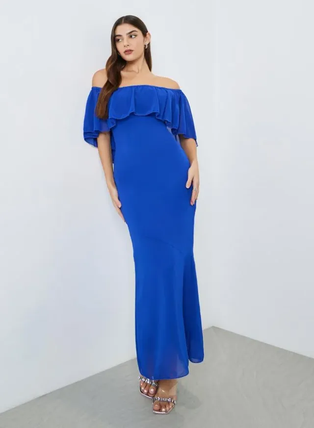 Off-Shoulder Sheath Maxi Dress Blue – image 2