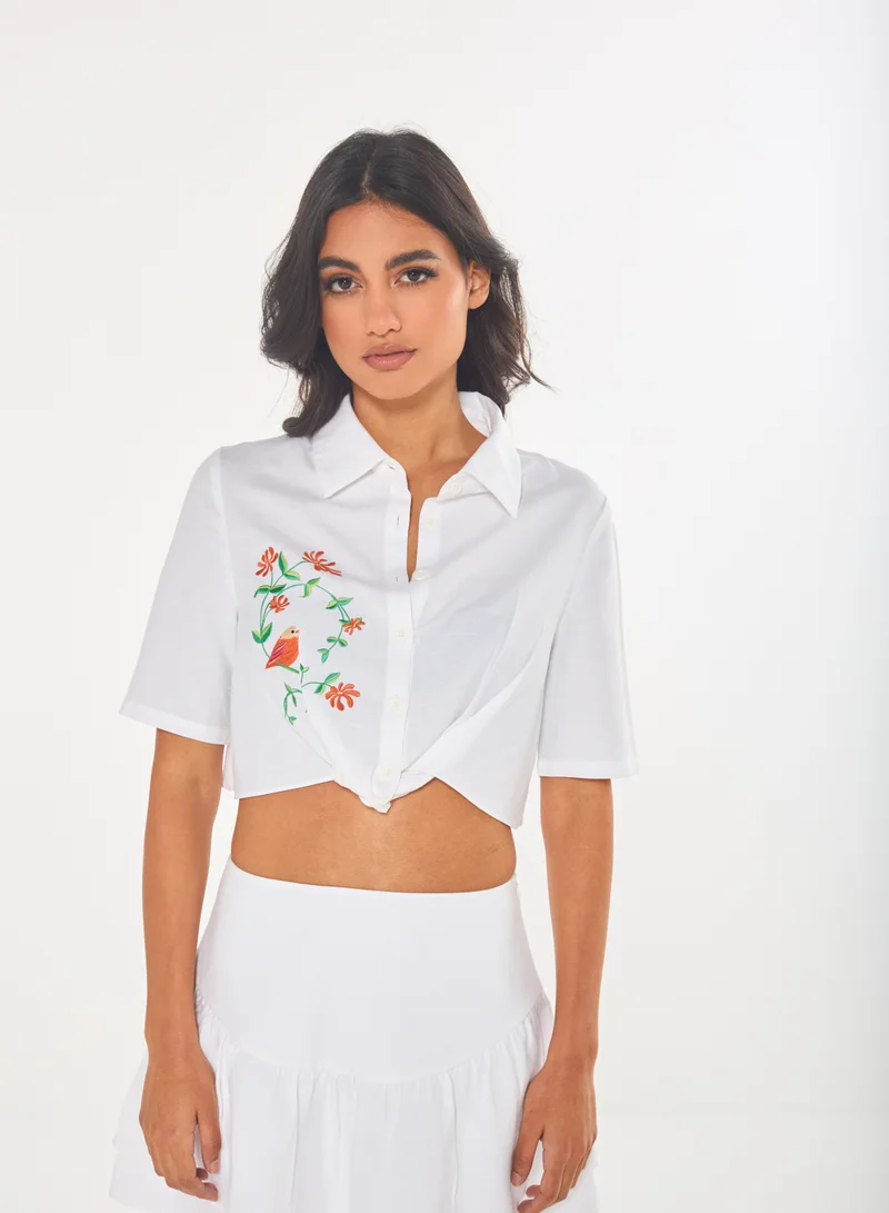 Embroidered Cropped Button-Down Shirt