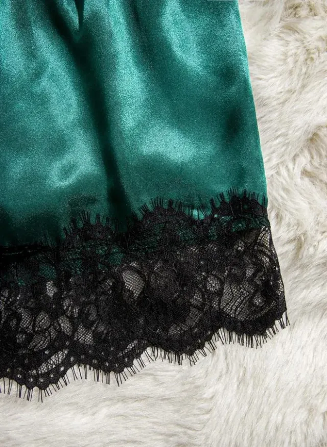 Dark Green Lace Cami Top and Shorts Set - Polyester, V Neck, Relaxed Fit – image 6