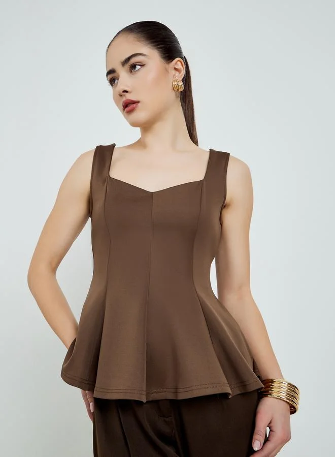 Wide Strap Pleated Peplum Top Brown