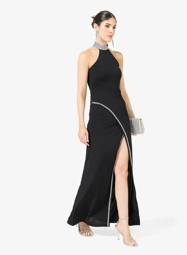 Black Halter Neck Maxi Dress with Side Slit and Embellishments – image 4