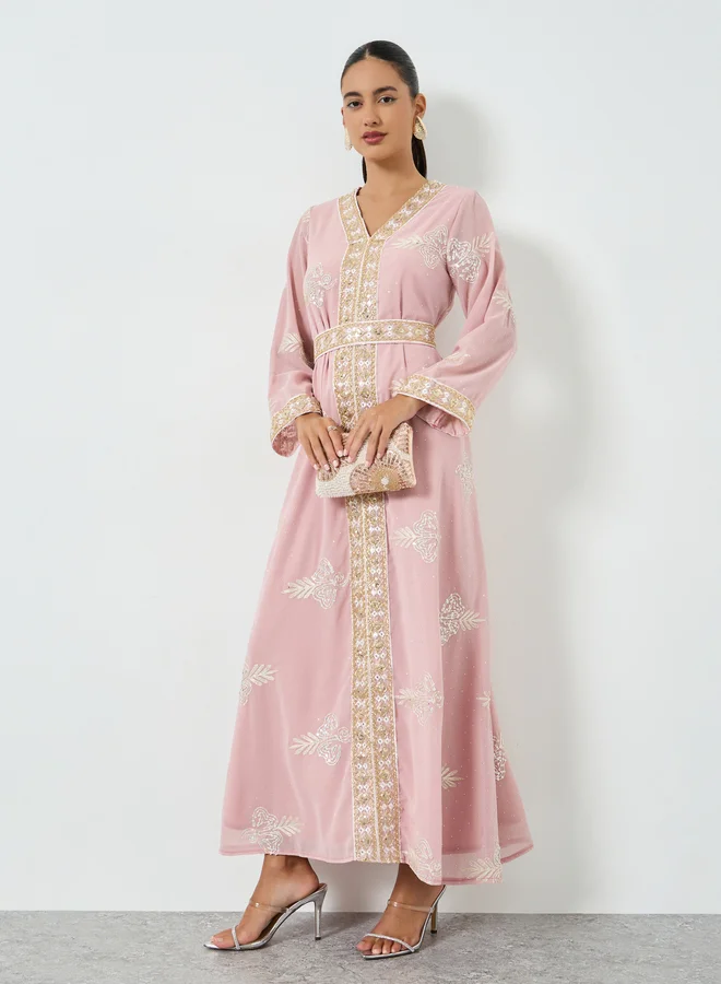 Sequin Embroidered Tie-Belt Jalabiya Pink