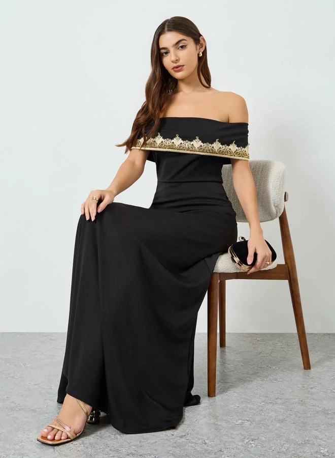 Embellished Off Shoulder Maxi Dress Black