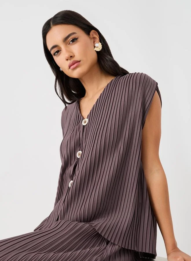 Pleated V-Neck Buttoned Waistcoat Brown