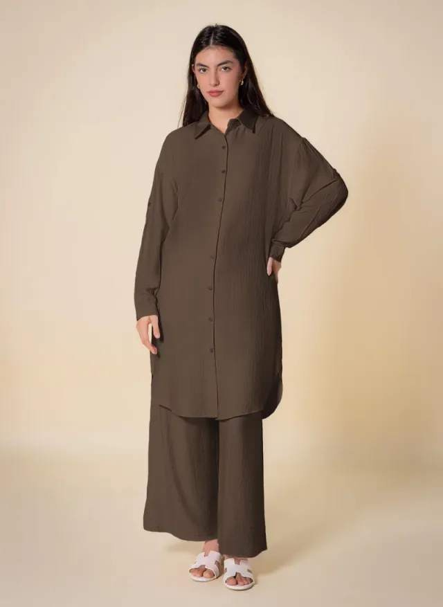 Long Modest Shirt Set Brown