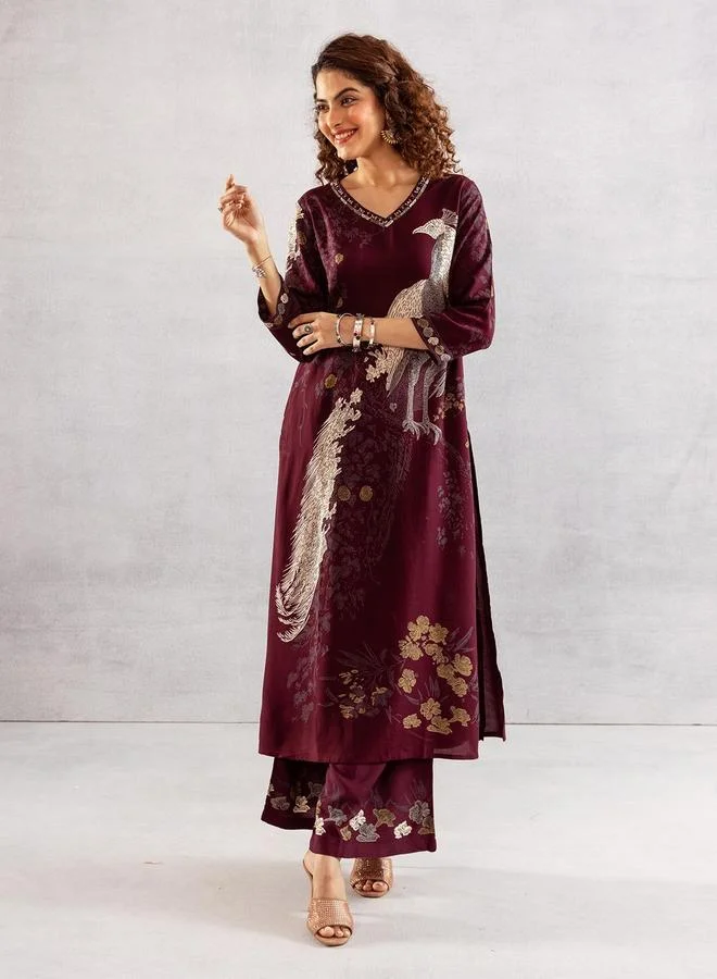 Women's Rayon Printed Kurta Palazzo Set - Wine