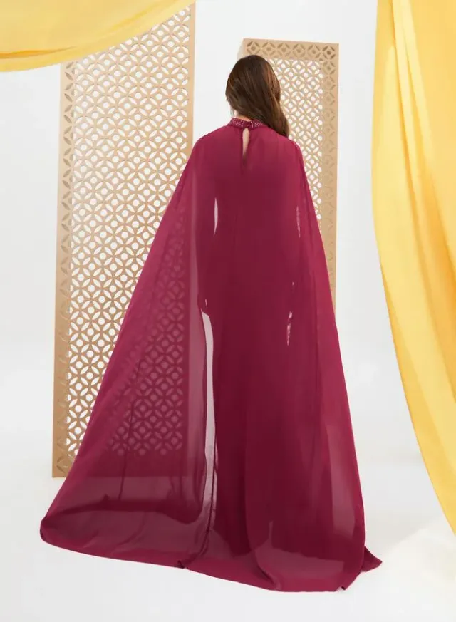 Burgundy Maxi Fit & Flare Dress with Attached Cape and Silver Embellishments – image 5