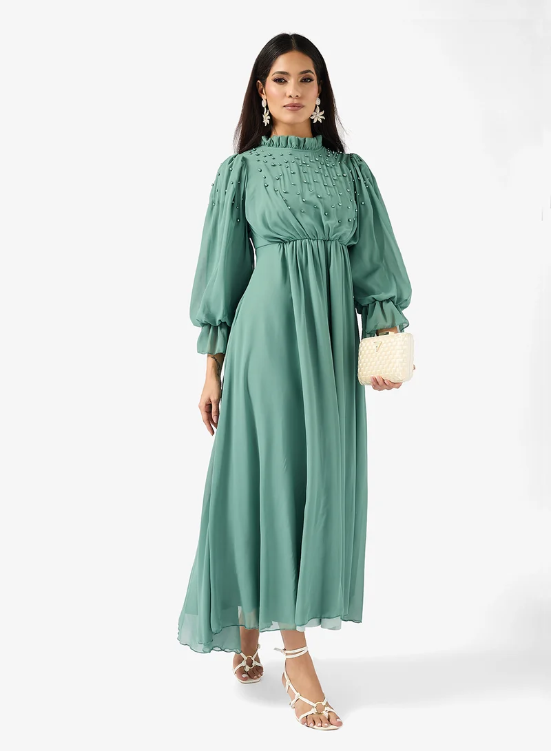 Beaded Shoulder A-line Dress Seafoam Green
