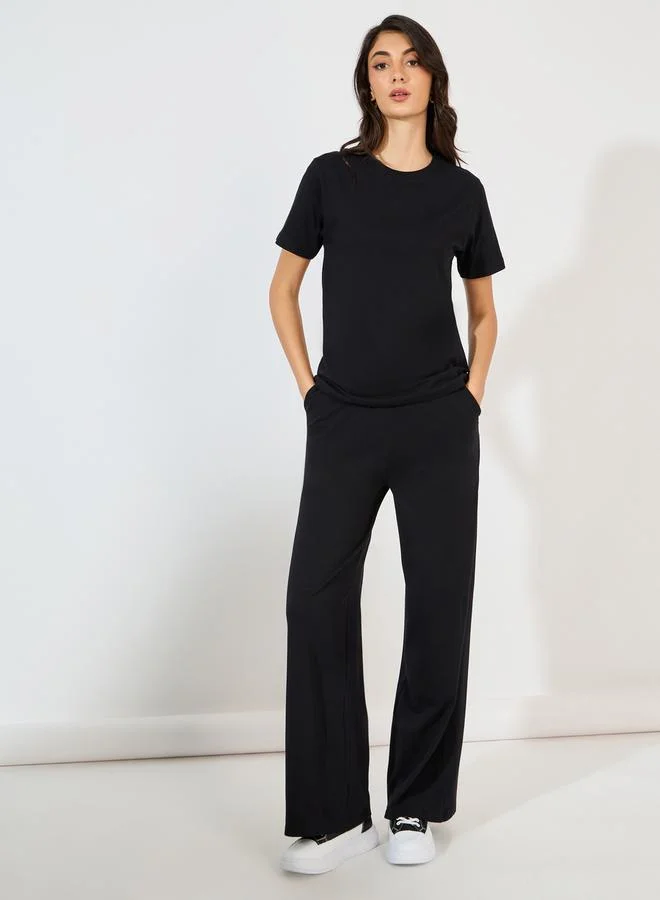 Short Sleeve T-Shirt and Wide Leg Joggers Set Black