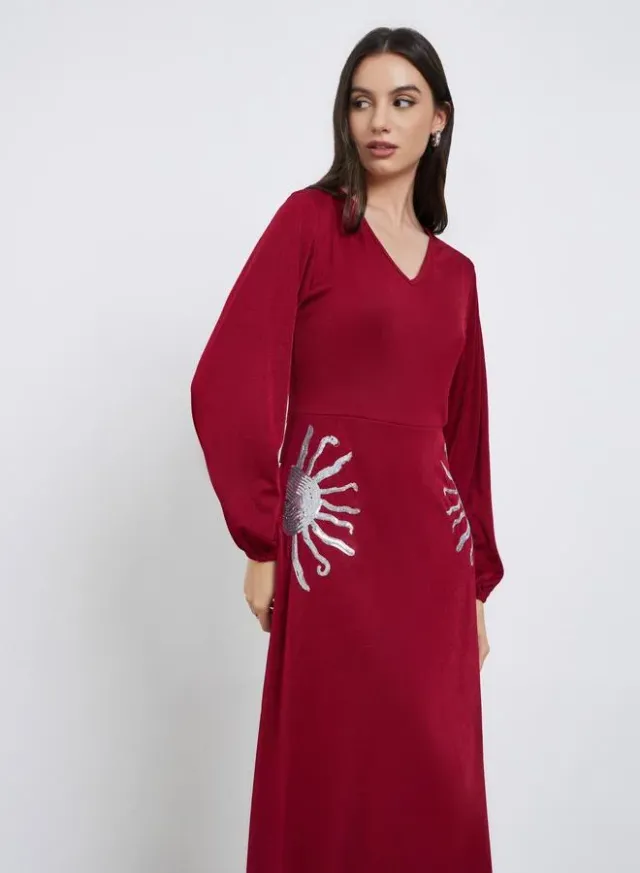Deep Red Embellished Chiffon Maxi Dress with V Neck and Long Sleeves – image 3