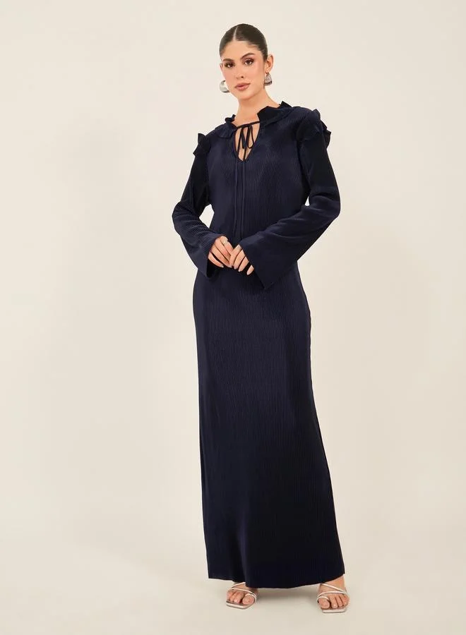 Textured Tie-Neck Shift Maxi Dress Deep Navy Blue