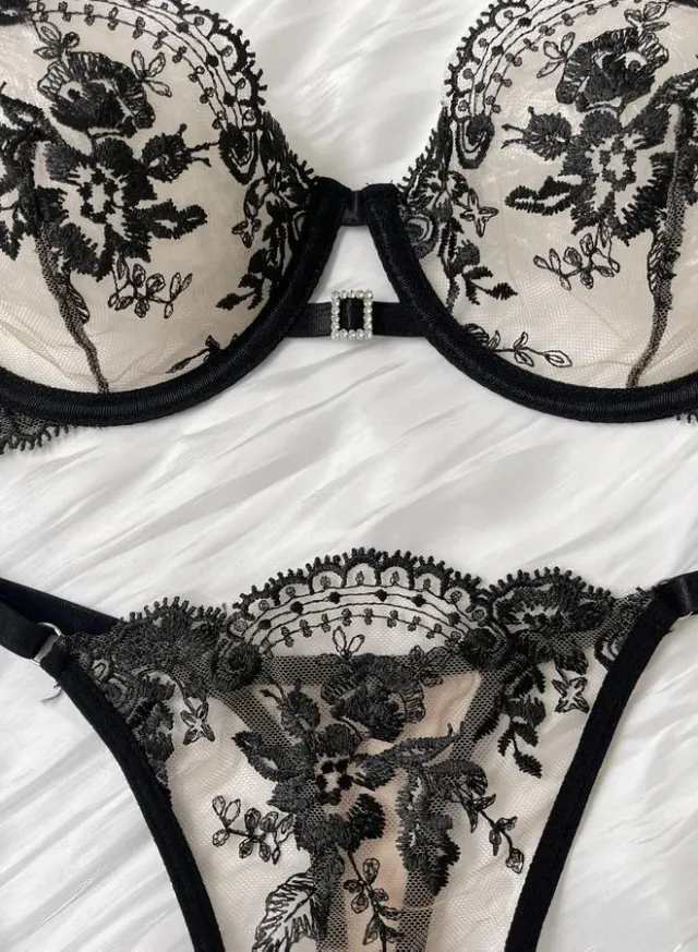 Floral Embroidered Mesh Bra & Thong Set Black – image 4