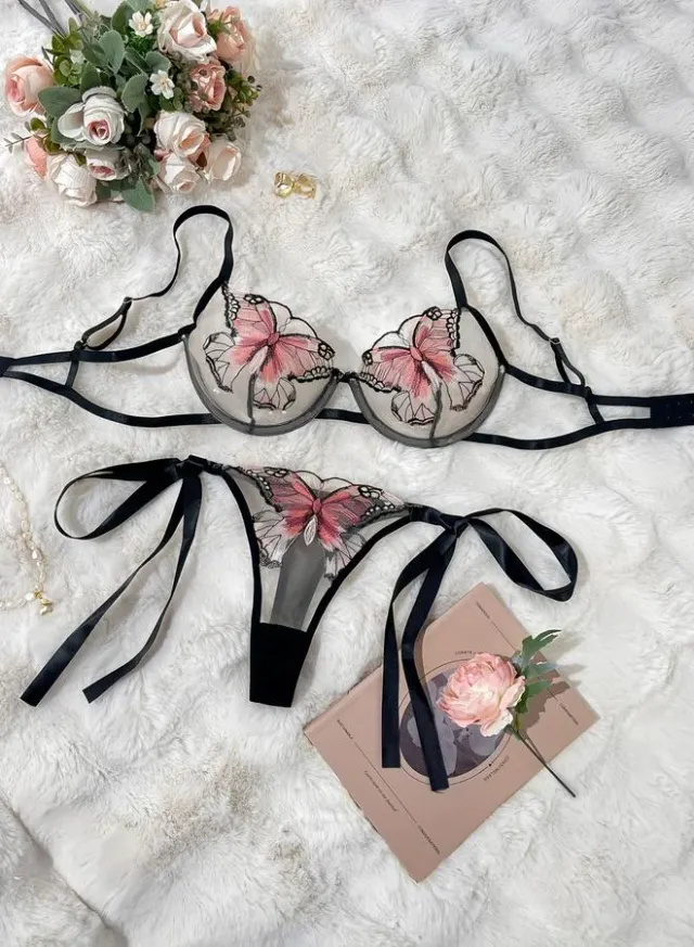 Butterfly Embroidered Mesh Bra & Thong Lingerie Set – image 5