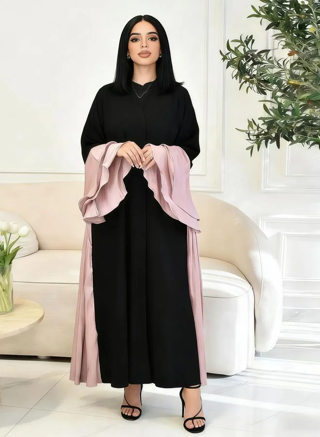 Women's Color Block Ruffled Sleeve Jalabiya Pink