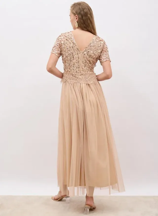 Teal Maxi Fit & Flare Dress with Embellished Bodice and Waist – image 5