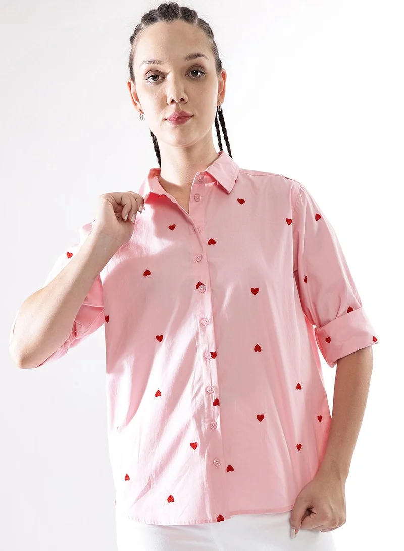 Women's Heart Embroidered Oversized Casual Shirt Multicolour