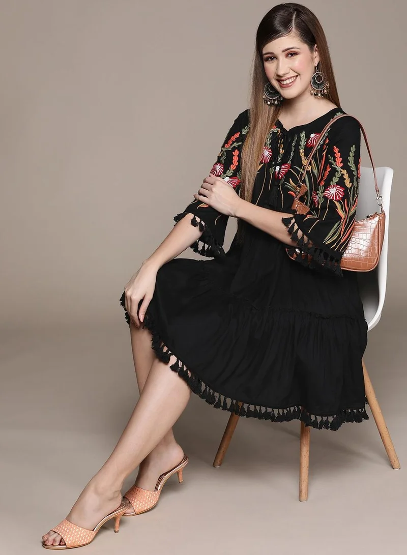 Women's Rayon Embroidered Straight Dress Black