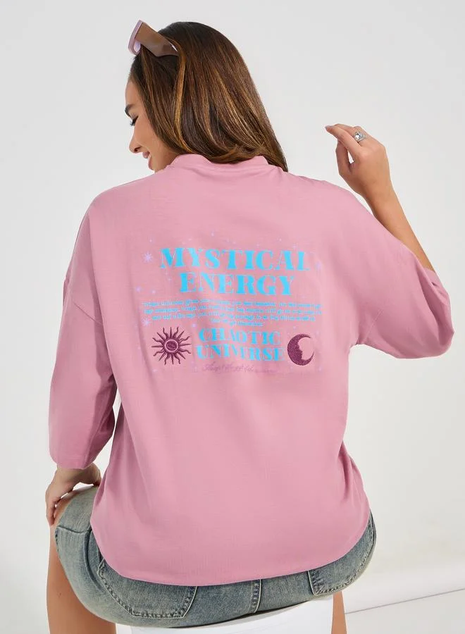 Oversized Embroidered Slogan Cotton T-Shirt Pink