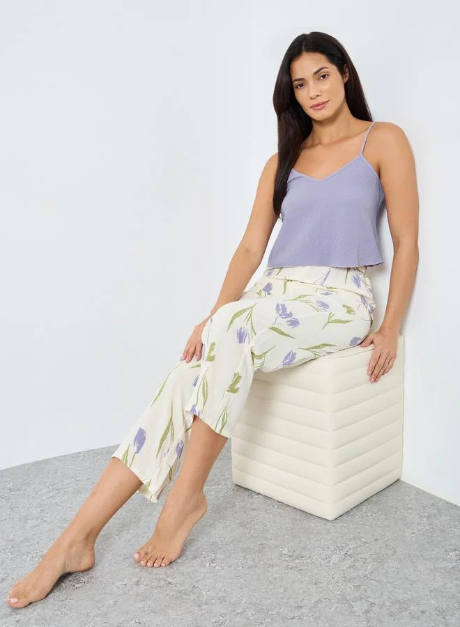 Take Two Solid Cami and Floral Pyjama Set Light Gray
