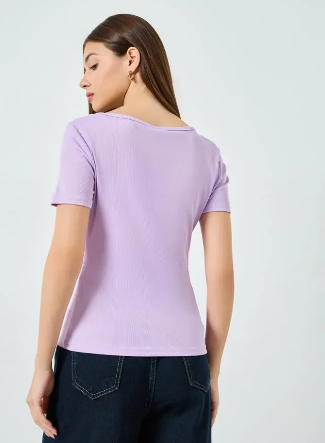 Ribbed Round Neck T-Shirt Purple – image 5