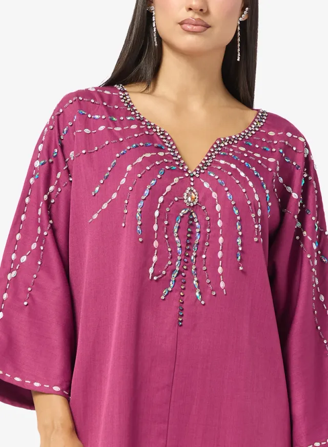 Deep Rose Embellished Jalabiya for Women - Long Sleeves, Full Length, Relaxed Fit – image 3
