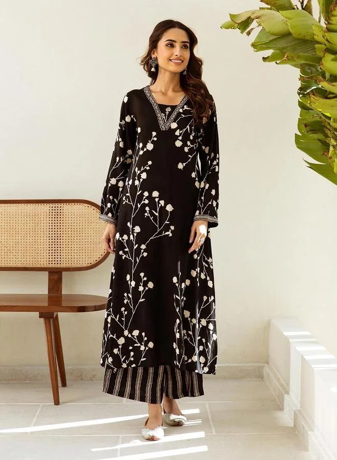 Women's Printed Rayon Kurta Palazzo Set Black