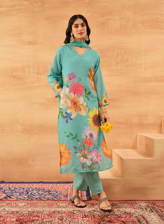 Women's Printed Chinon Kurta Palazzo Set Sky Blue
