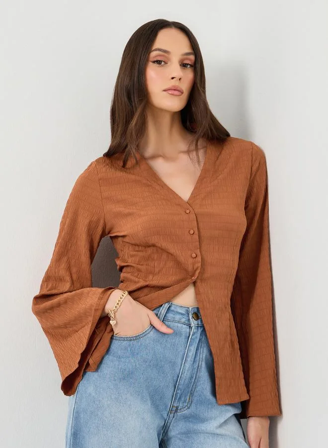 Styli Textured V-Neck Flared Sleeve Shirt Brown
